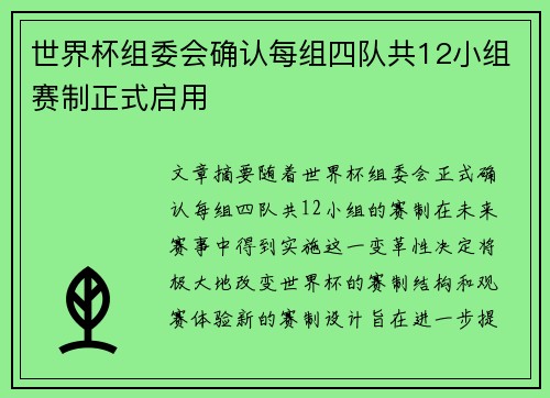 世界杯组委会确认每组四队共12小组赛制正式启用